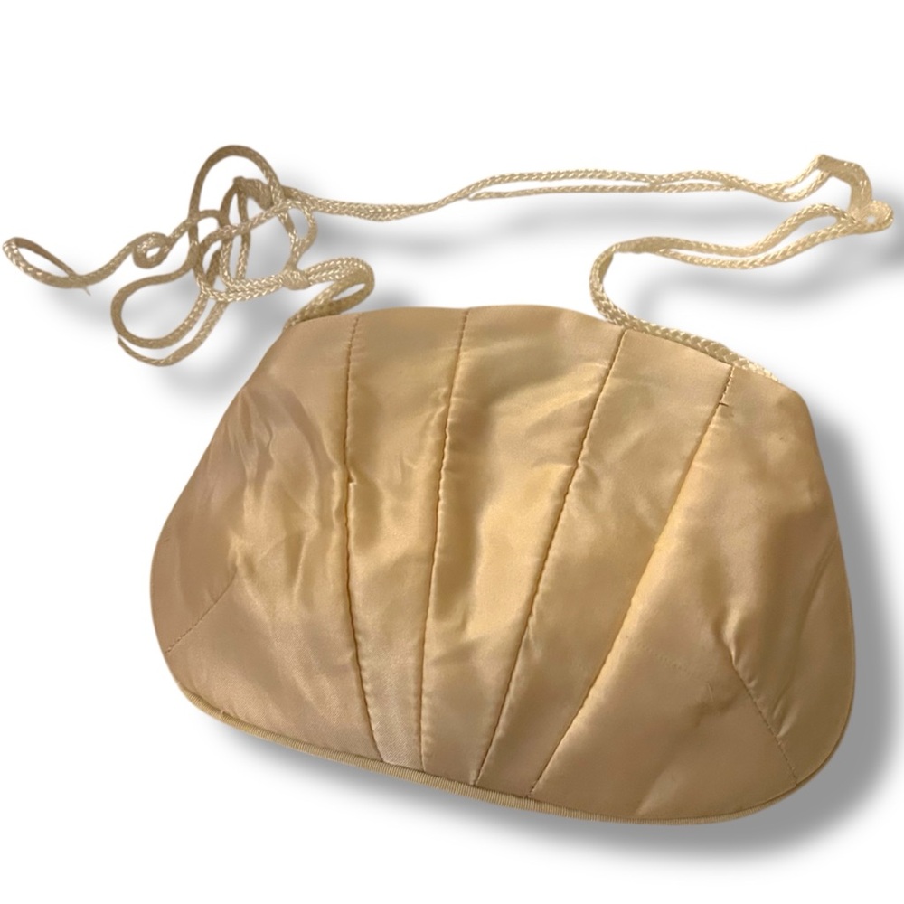 Vintage MCM Champagne Evening Bag Classic Scalloped Satin Clutch Strap Formal